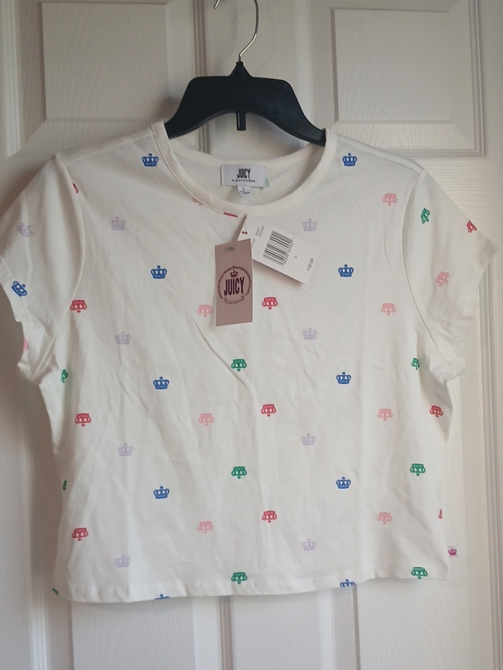 Juicy Couture White Short-Sleeve Tee with Multicolor Crown & Car Prints